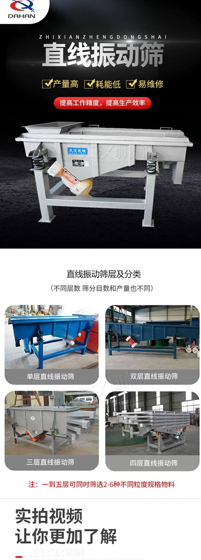 直線振動(dòng)篩概述，產(chǎn)量高，耗能低，易維修，提高工作精度，提高生產(chǎn)效率，直線振動(dòng)篩層級(jí)分類(lèi)：不同層數(shù)，篩分目數(shù)和產(chǎn)量也不同：?jiǎn)螌?，雙層，三層，四層等。
