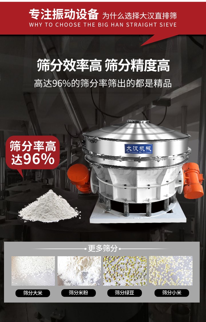 直排篩適用物料有面粉，淀粉，洗衣粉，金屬粉，添加劑，化工，非礦等行業(yè)。